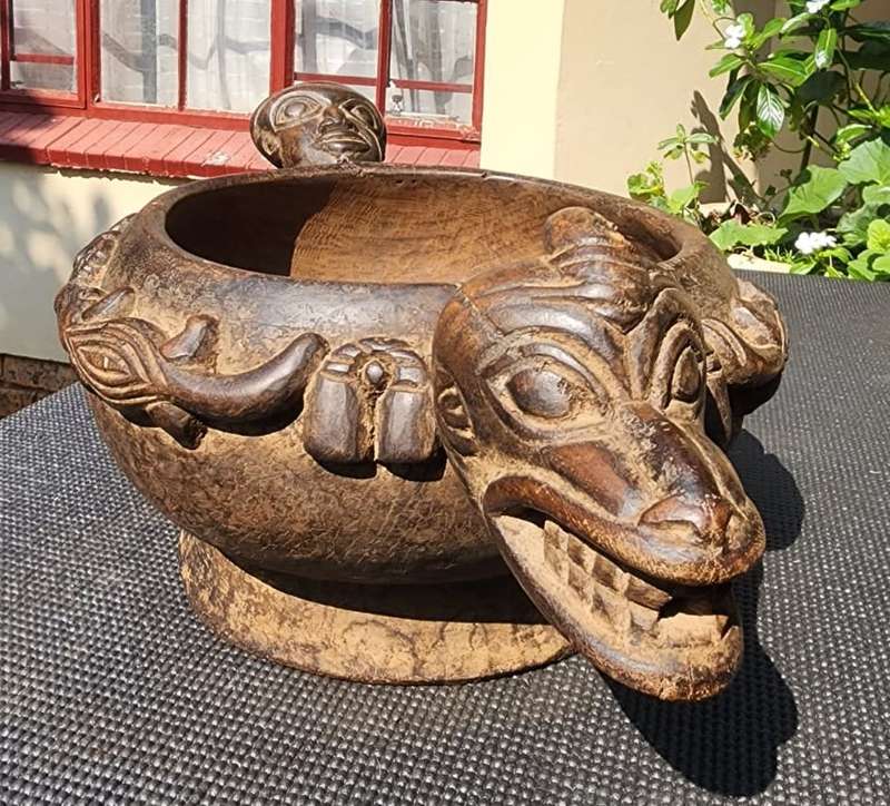 Cameroon Royal Court Ceremonial Food Bowl with Head and Animal Figures