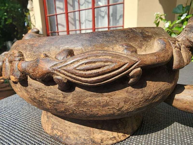 Cameroon Royal Court Ceremonial Food Bowl with Head and Animal Figures