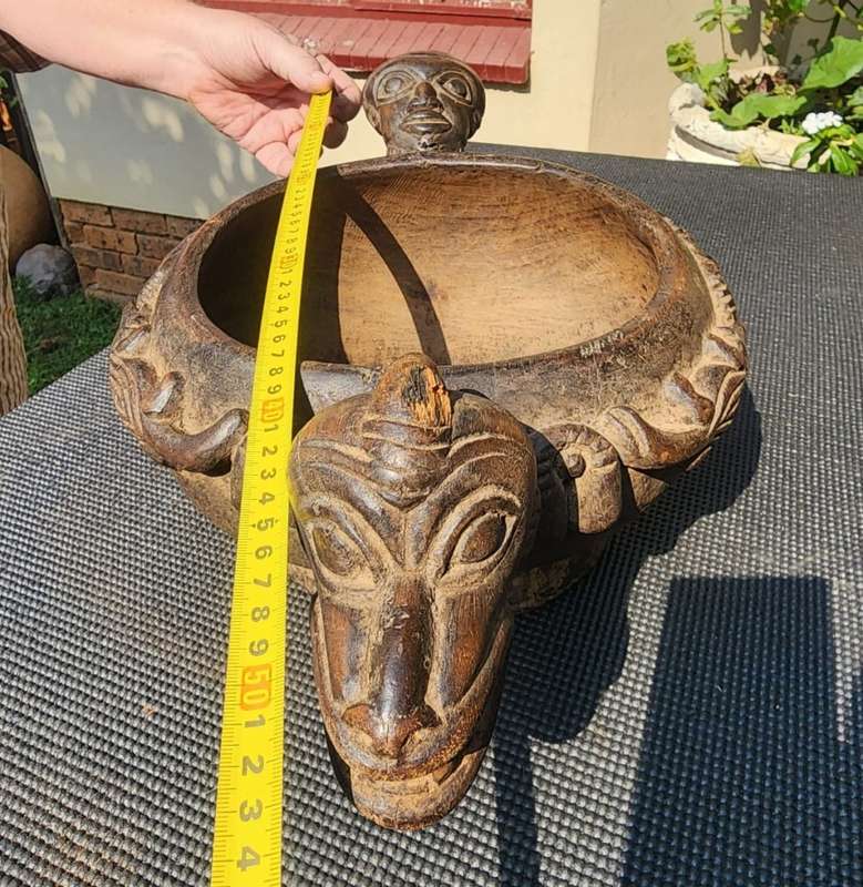 Cameroon Royal Court Ceremonial Food Bowl with Head and Animal Figures