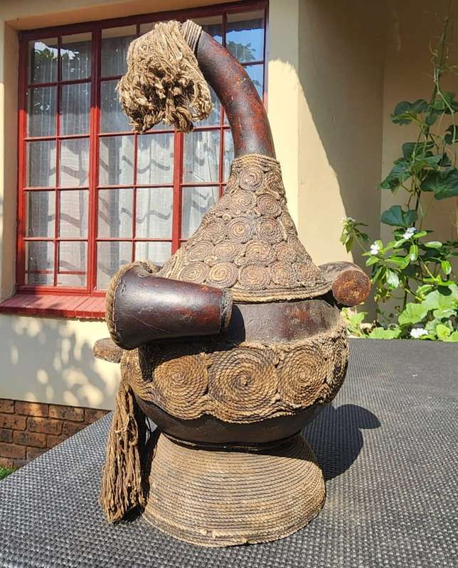 Luba DRC Tribal Calabash Medicine Gourd with Figural Body and Shell Embellishments