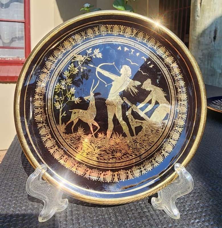 Three 24 Carat Gold Gilded Greek God Artemis and Apollo Wall Plates