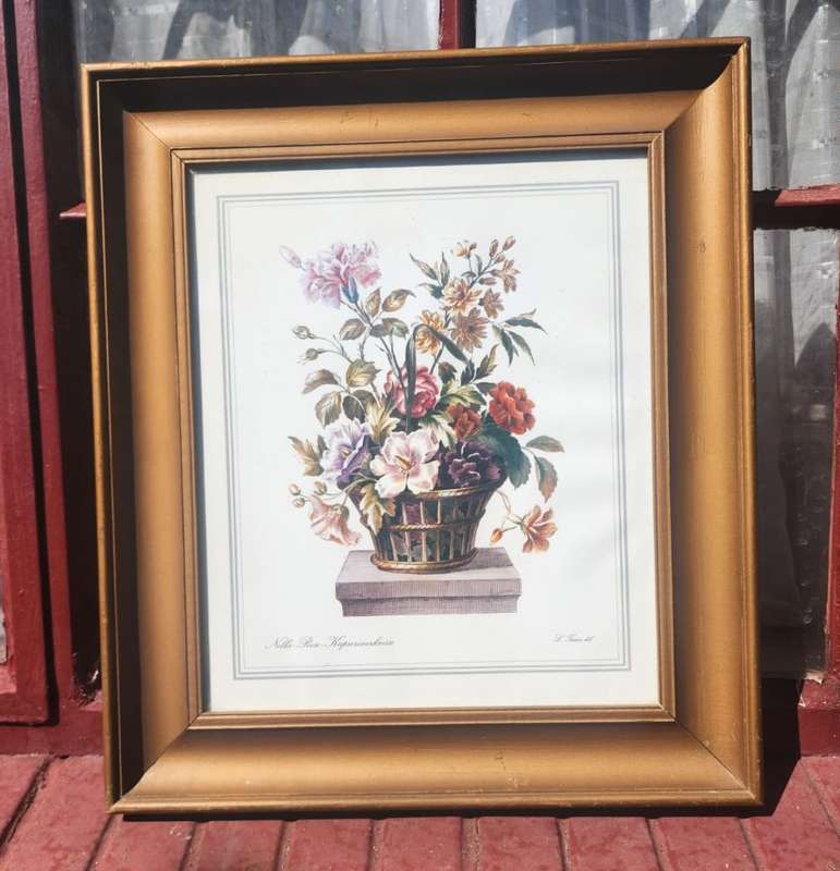 Louis Tessier Bouquet of Flowers in Basket a Print after a 1775 Handcoloured Engraving