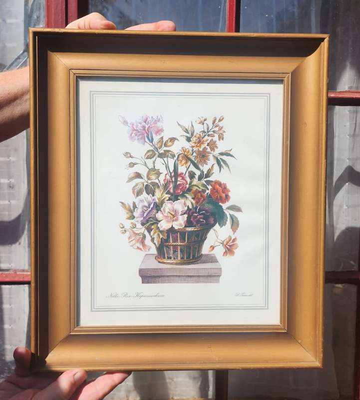 Louis Tessier Bouquet of Flowers in Basket a Print after a 1775 Handcoloured Engraving