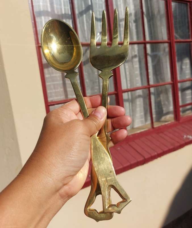 Large 28cm Long Brass Fork and Spoon