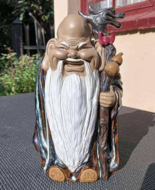 Laughing Bearded Shou Lao Chinese God of Longevity with Dragon Scepter