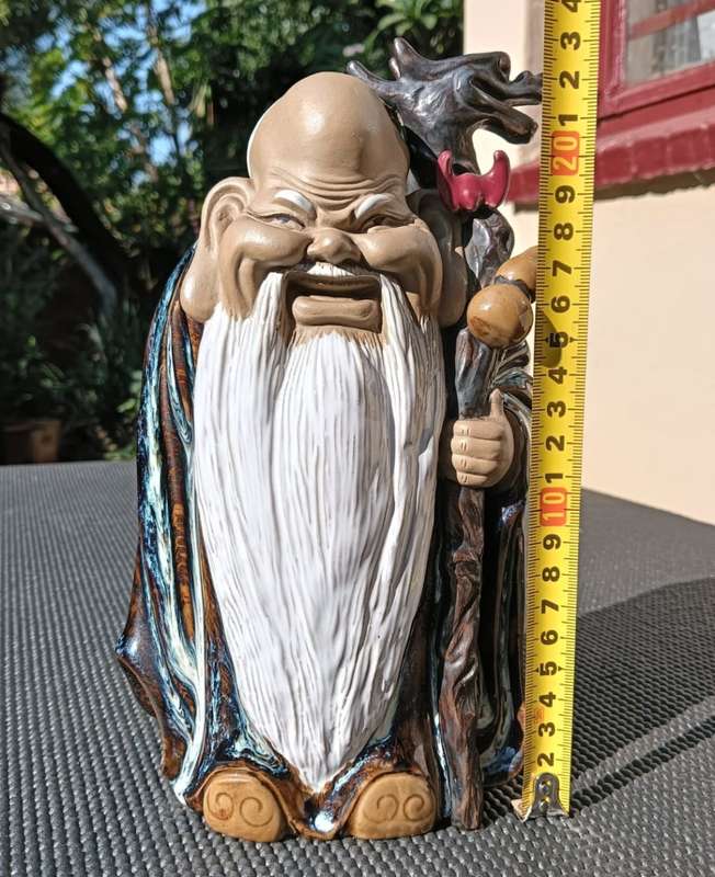 Laughing Bearded Shou Lao Chinese God of Longevity with Dragon Scepter
