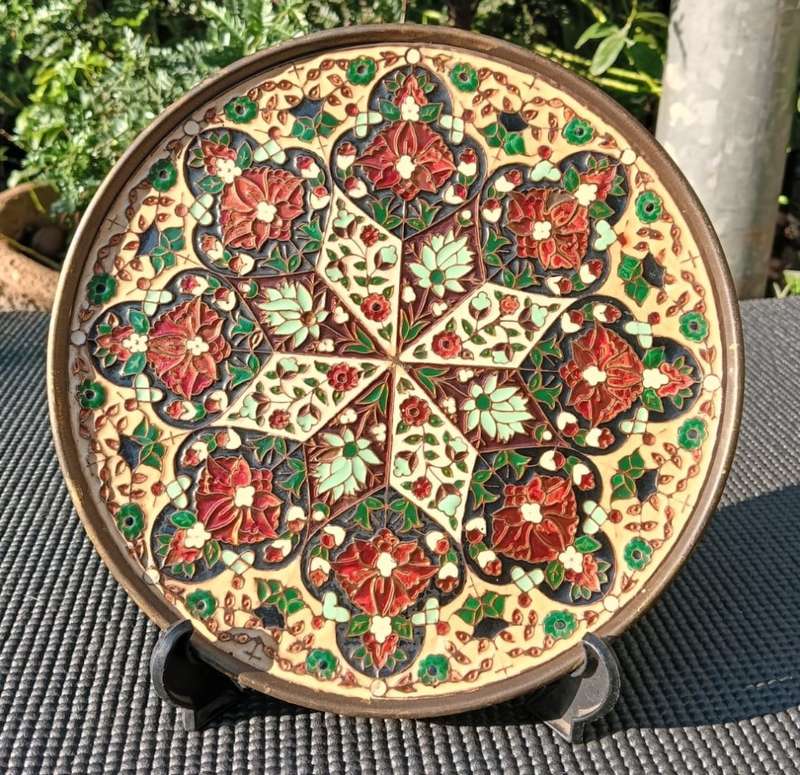 Cloisonne Enamel on Copper and Bronze Wall Plate Handmade in Greece by G Halkides