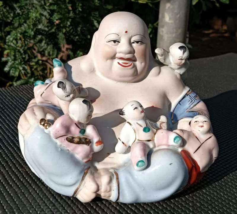 Vintage Chinese Porcelain Laughing Buddha with 5 Children Wealth Fertility Figurine