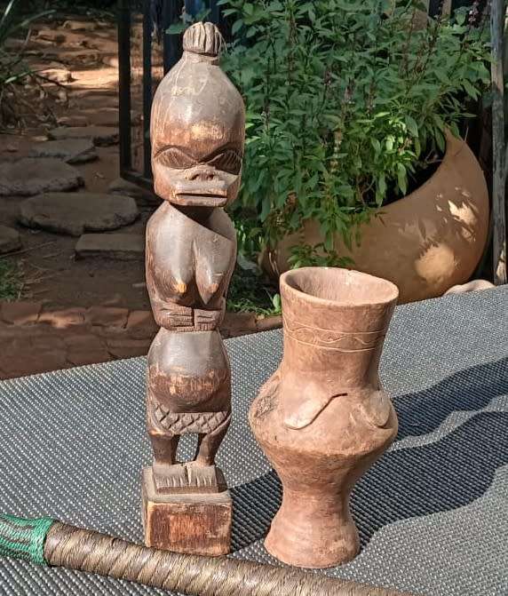 African Zande DRC Wooden Fertility Statue and Old Wooden Carved Kuba DRC Palm Wine Cup