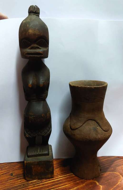 African Zande DRC Wooden Fertility Statue and Old Wooden Carved Kuba DRC Palm Wine Cup