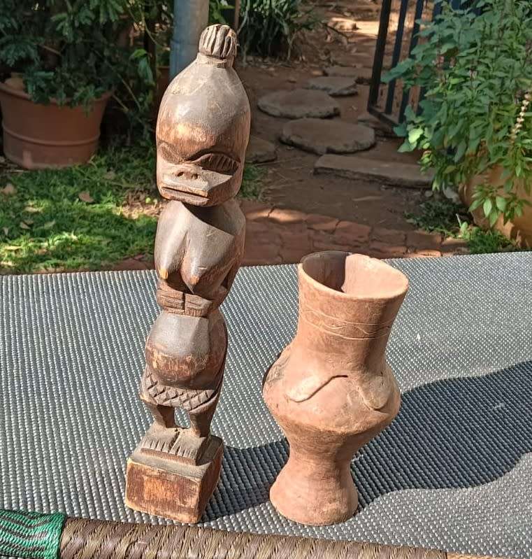 African Zande DRC Wooden Fertility Statue and Old Wooden Carved Kuba DRC Palm Wine Cup