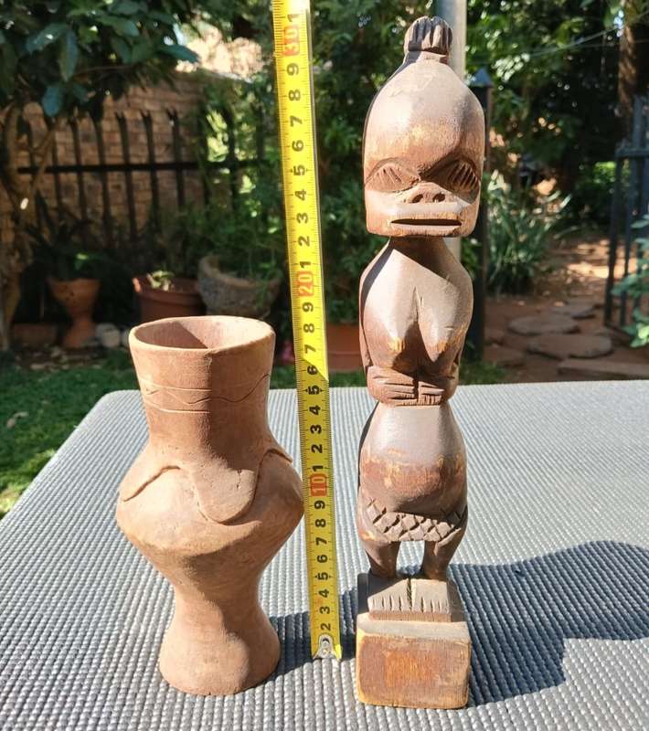 African Zande DRC Wooden Fertility Statue and Old Wooden Carved Kuba DRC Palm Wine Cup