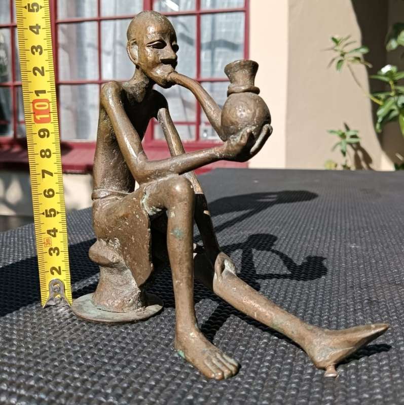 African Bronze Sculpture Man Smoking Pipe West African Green Patina Visible