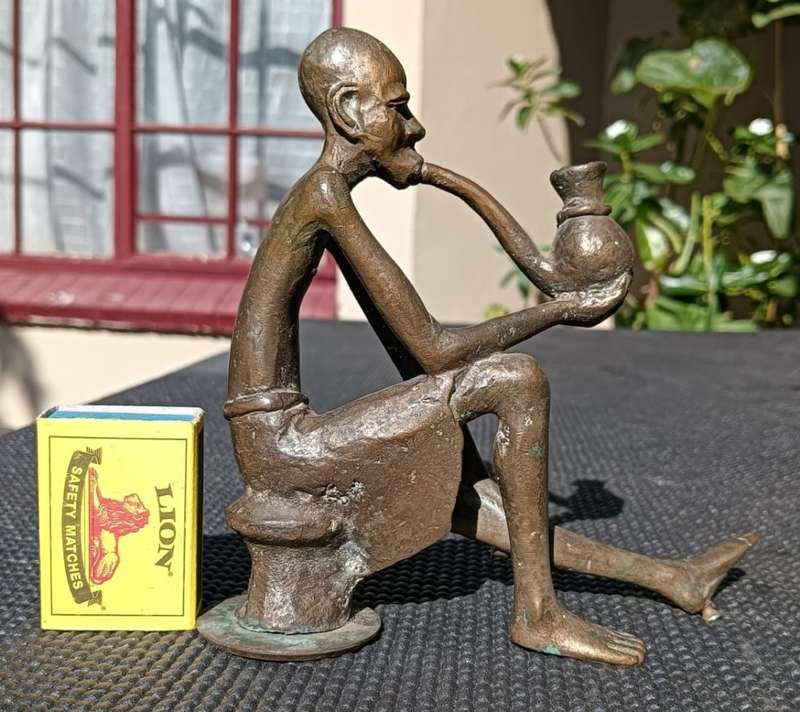 African Bronze Sculpture Man Smoking Pipe West African Green Patina Visible