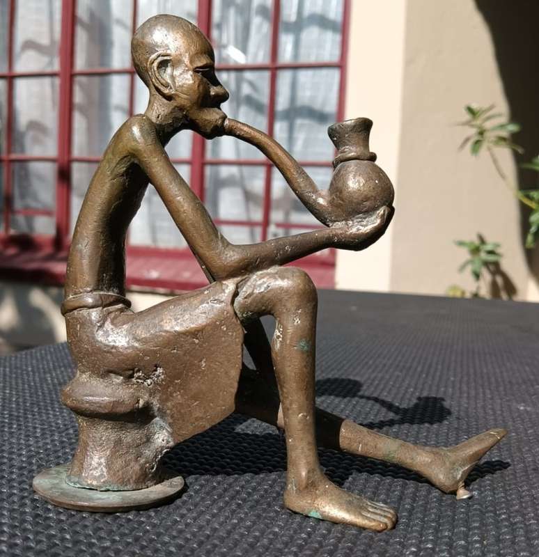 African Bronze Sculpture Man Smoking Pipe West African Green Patina Visible