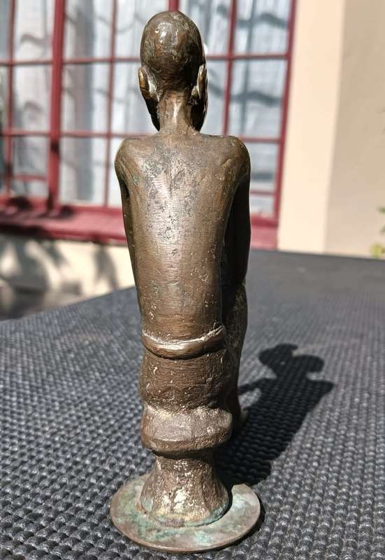 African Bronze Sculpture Man Smoking Pipe West African Green Patina Visible