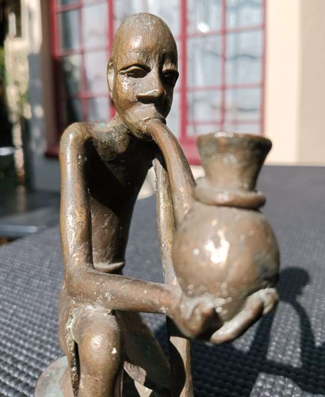 African Bronze Sculpture Man Smoking Pipe West African Green Patina Visible
