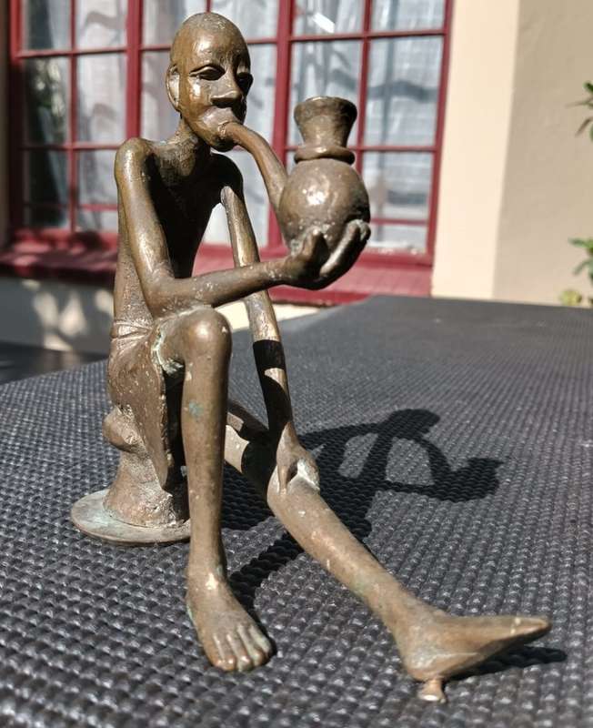 African Bronze Sculpture Man Smoking Pipe West African Green Patina Visible
