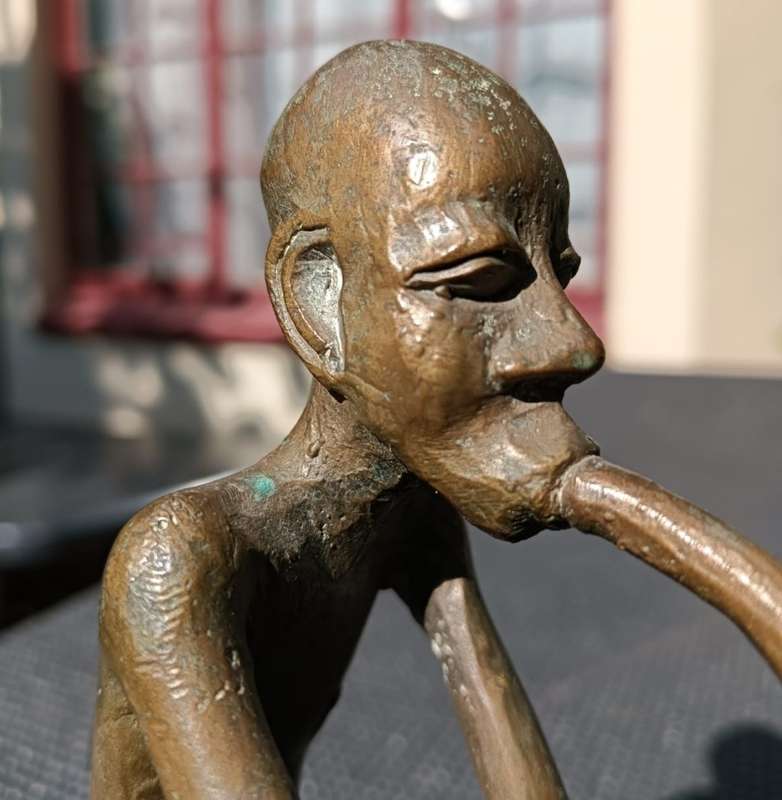 African Bronze Sculpture Man Smoking Pipe West African Green Patina Visible