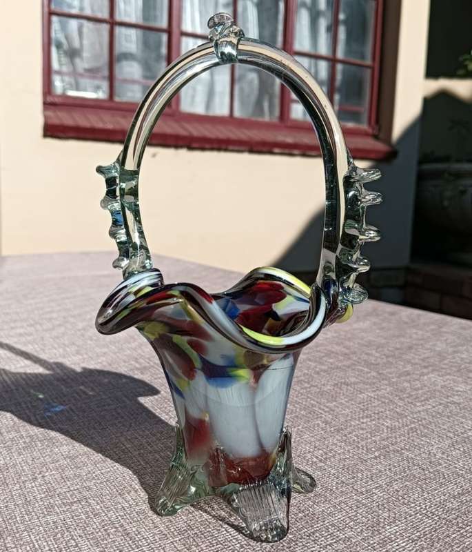Italian Empoli Multi-Coloured `End of the Day - Splatter Glass` Sweet Basket with Hoop Handle
