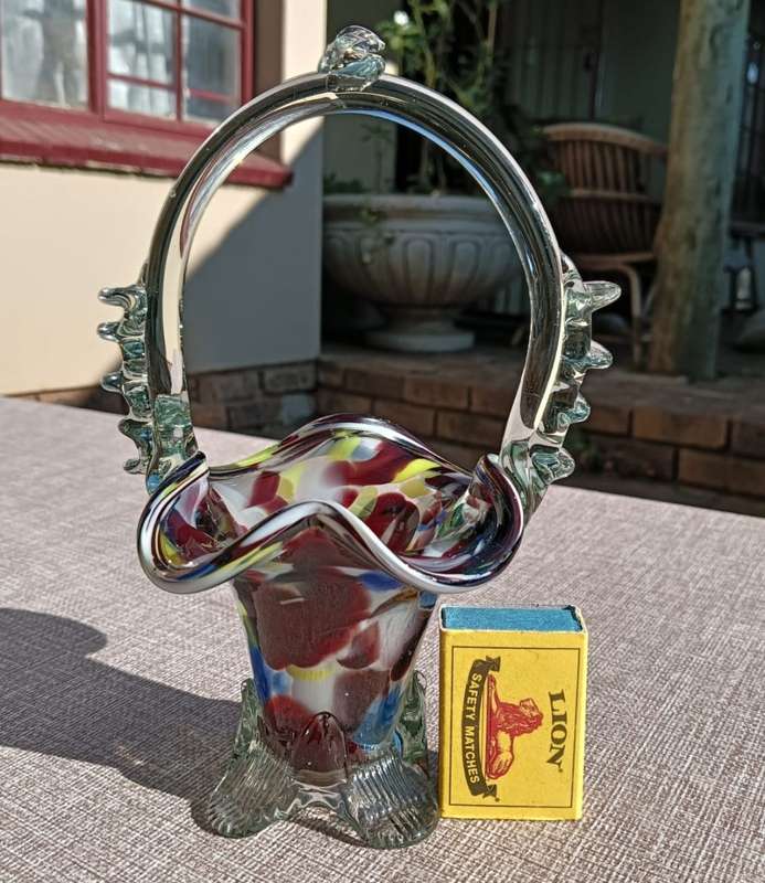 Italian Empoli Multi-Coloured `End of the Day - Splatter Glass` Sweet Basket with Hoop Handle