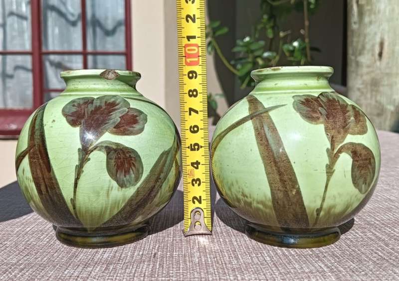 Two Cute Antique Hand Painted Glazed Lime Green Ceramic Pots