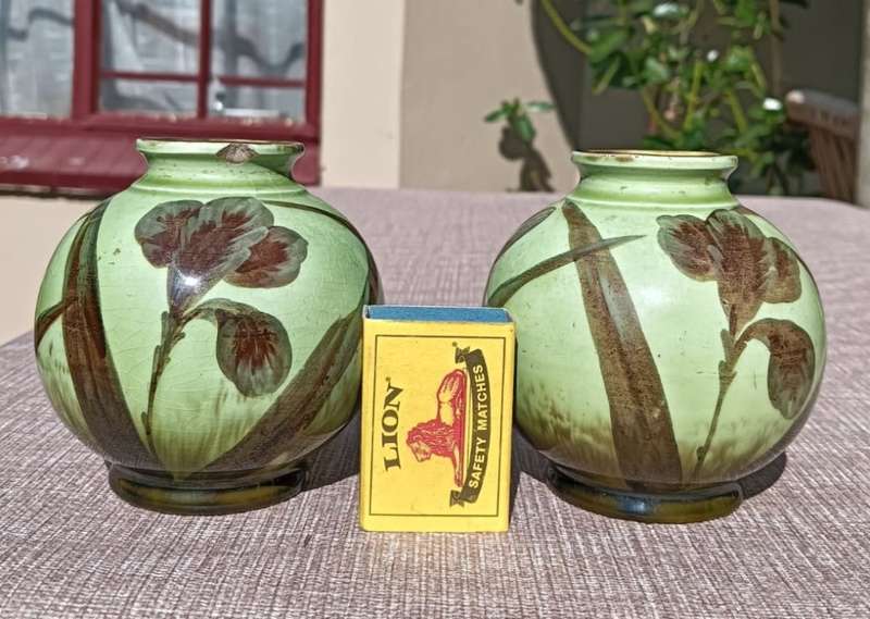 Two Cute Antique Hand Painted Glazed Lime Green Ceramic Pots