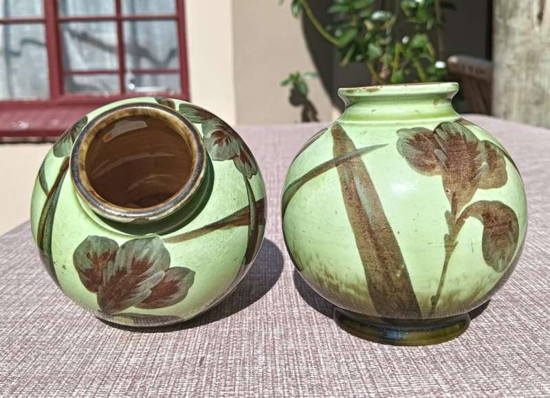 Two Cute Antique Hand Painted Glazed Lime Green Ceramic Pots