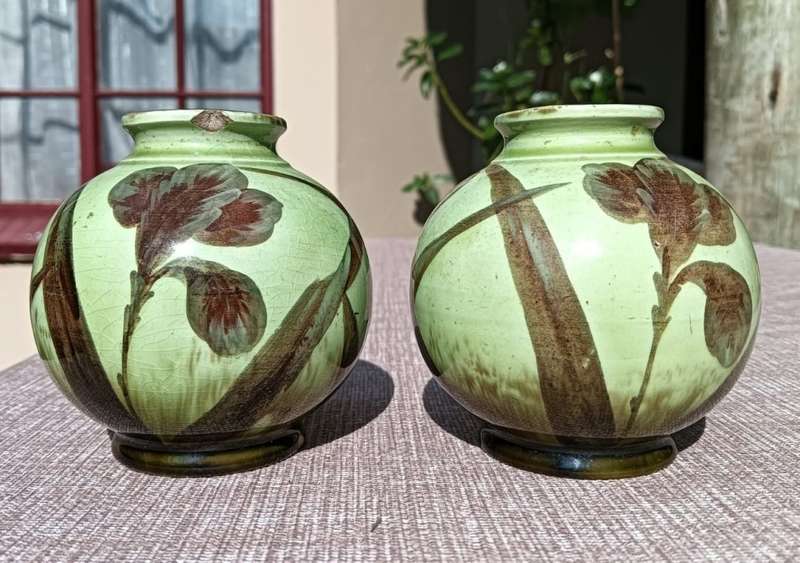 Two Cute Antique Hand Painted Glazed Lime Green Ceramic Pots