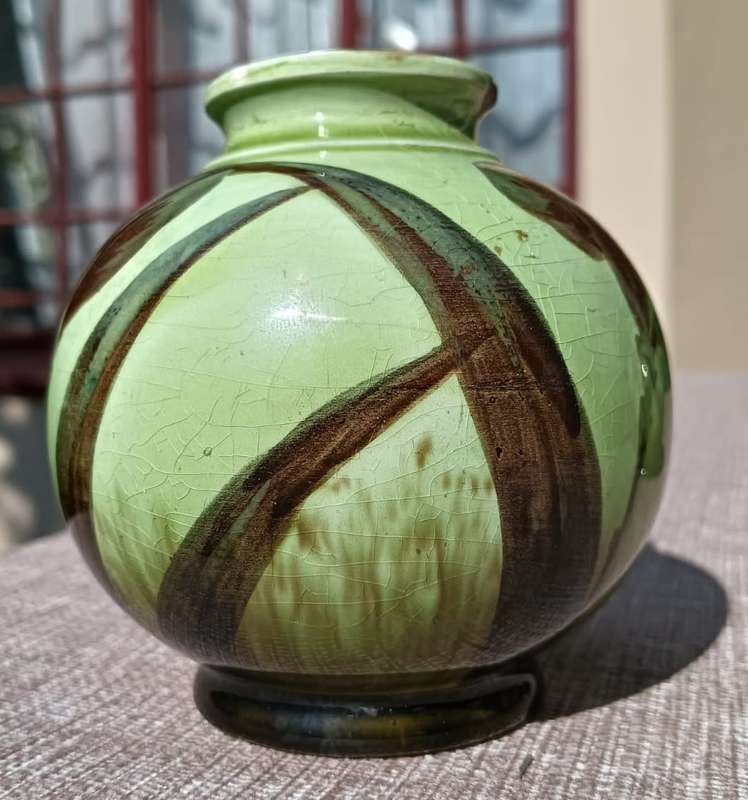 Two Cute Antique Hand Painted Glazed Lime Green Ceramic Pots