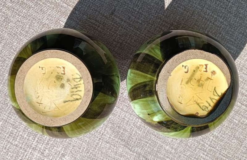 Two Cute Antique Hand Painted Glazed Lime Green Ceramic Pots