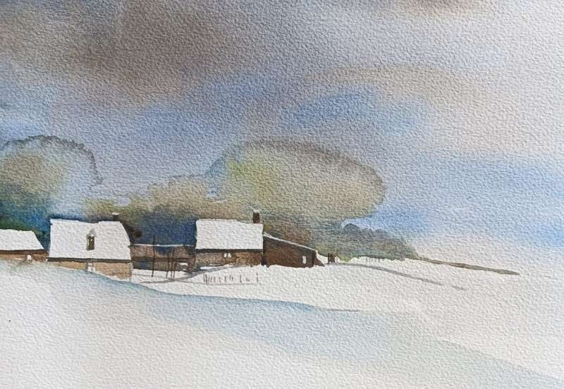 Soft Pastel Coloured Cottage Winter Snow 1984 Watercolour Painting Signed by Artist