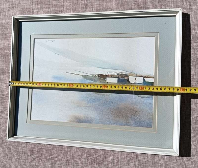 Soft Pastel Coloured Cottage Winter Snow 1984 Watercolour Painting Signed by Artist