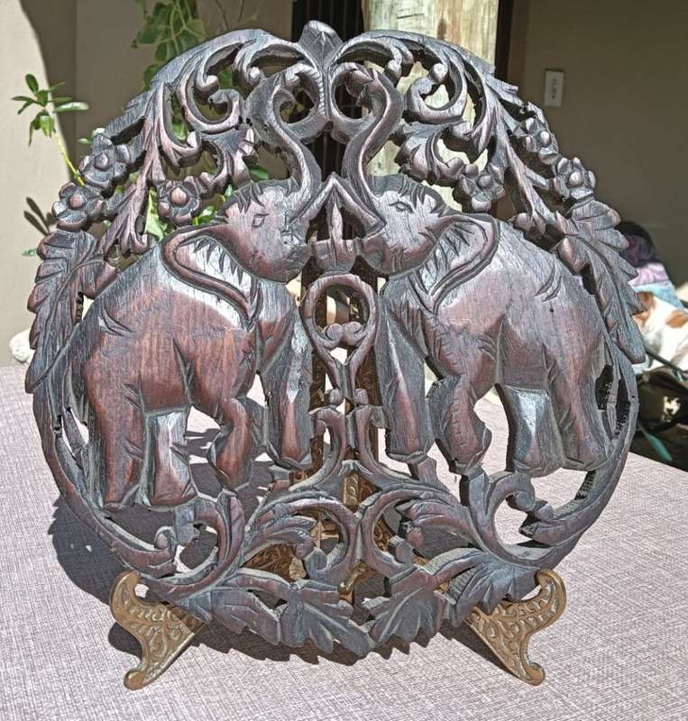 Intricate Elephant Teak Wood Relief Carving Wall Hanger Chiang Mai Thailand
