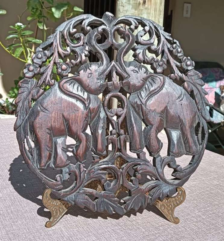 Intricate Elephant Teak Wood Relief Carving Wall Hanger Chiang Mai Thailand