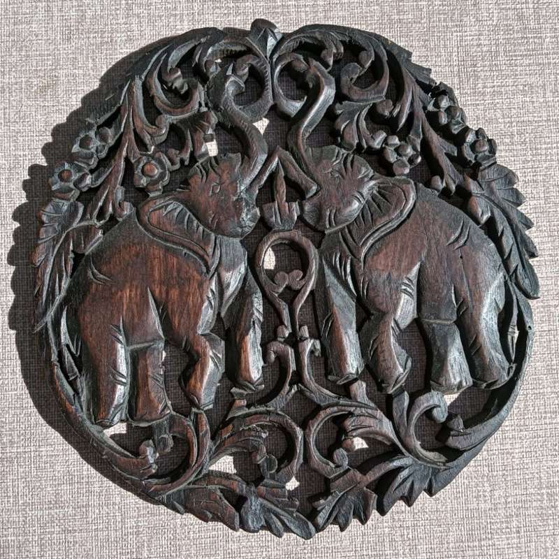 Intricate Elephant Teak Wood Relief Carving Wall Hanger Chiang Mai Thailand