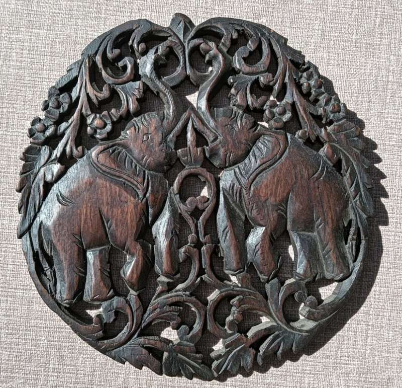 Intricate Elephant Teak Wood Relief Carving Wall Hanger Chiang Mai Thailand