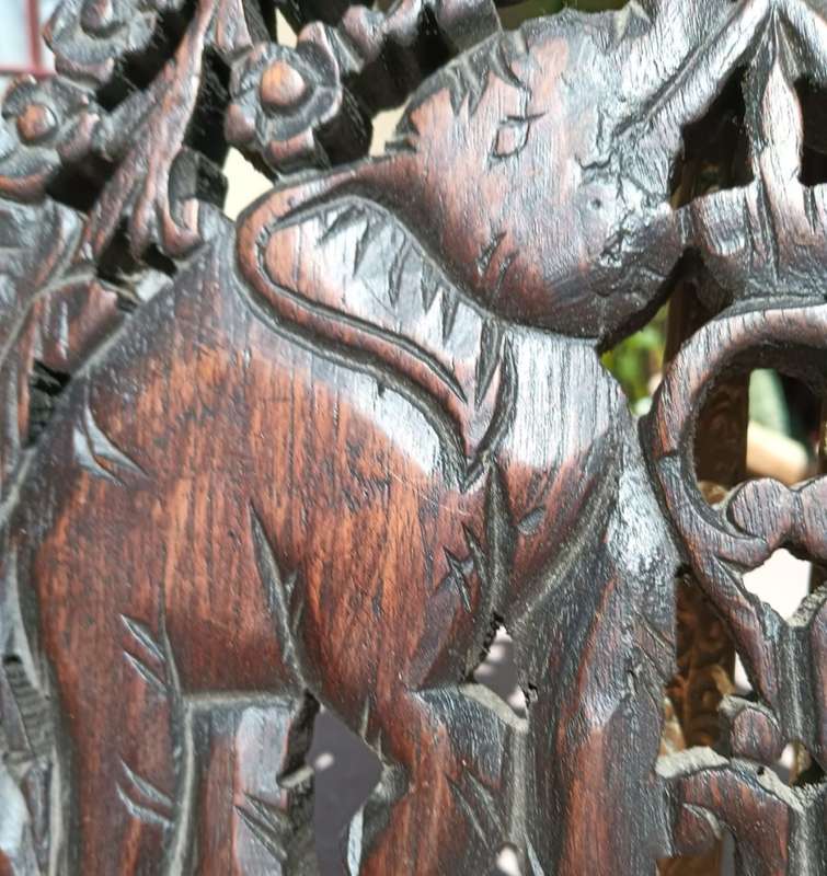 Intricate Elephant Teak Wood Relief Carving Wall Hanger Chiang Mai Thailand
