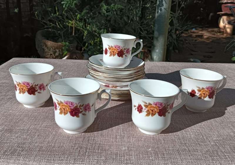 Set of 5 Queen Anne Ridgway England 1960s Pink, Red, Yellow Roses Pattern No 8638 Trios