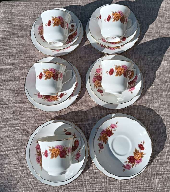 Set of 5 Queen Anne Ridgway England 1960s Pink, Red, Yellow Roses Pattern No 8638 Trios