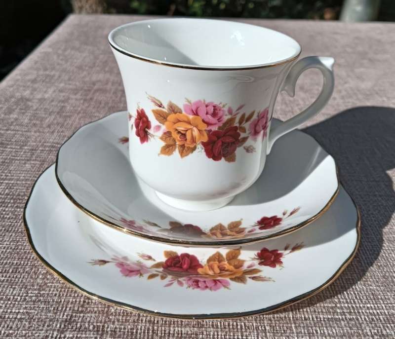 Set of 5 Queen Anne Ridgway England 1960s Pink, Red, Yellow Roses Pattern No 8638 Trios