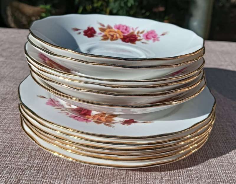 Set of 5 Queen Anne Ridgway England 1960s Pink, Red, Yellow Roses Pattern No 8638 Trios