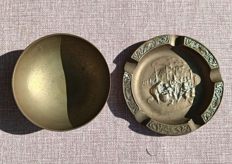 Brass Bowl with Engraved Dragon Motive plus Brass Ashtray with Embossed Relief Barscene
