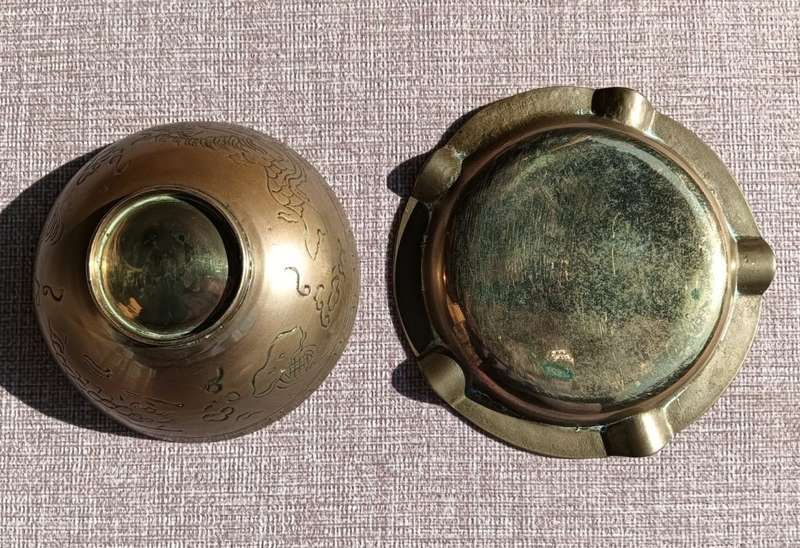Brass Bowl with Engraved Dragon Motive plus Brass Ashtray with Embossed Relief Barscene