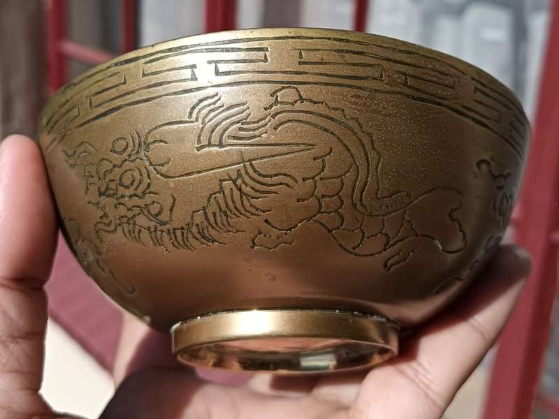Brass Bowl with Engraved Dragon Motive plus Brass Ashtray with Embossed Relief Barscene