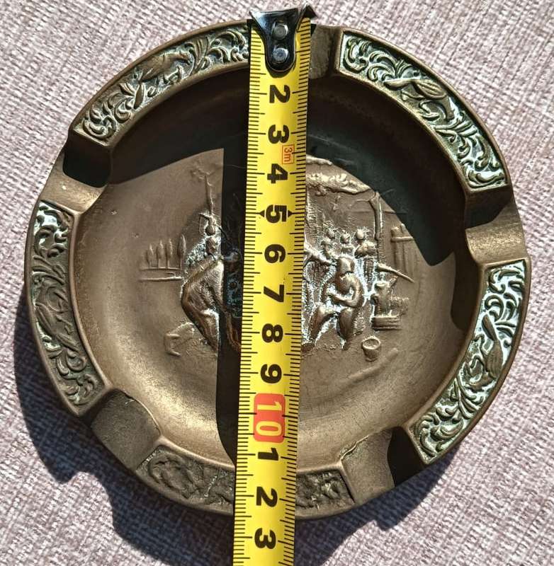 Brass Bowl with Engraved Dragon Motive plus Brass Ashtray with Embossed Relief Barscene