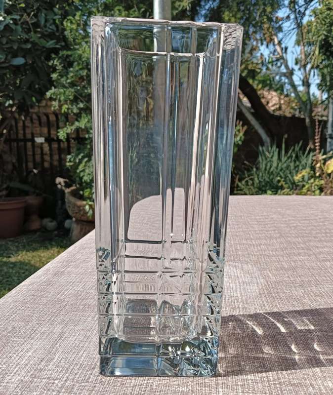 Italian Bormioli Rocco Quadro Cut Chrystal Glass Vase with Geometric Patterns