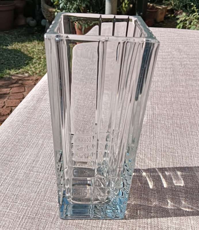 Italian Bormioli Rocco Quadro Cut Chrystal Glass Vase with Geometric Patterns