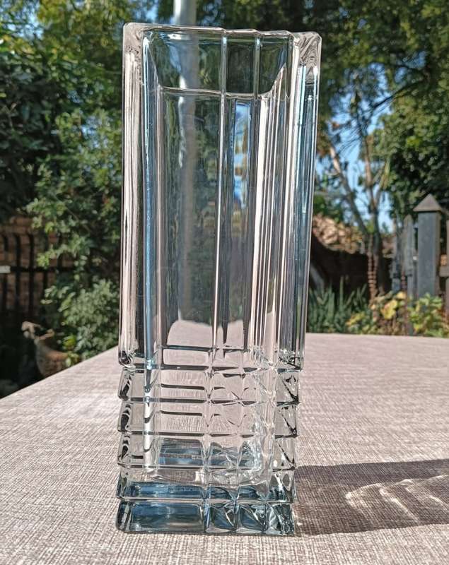 Italian Bormioli Rocco Quadro Cut Chrystal Glass Vase with Geometric Patterns