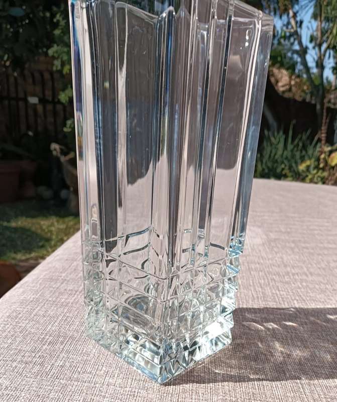 Italian Bormioli Rocco Quadro Cut Chrystal Glass Vase with Geometric Patterns